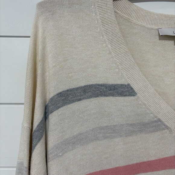 Ann Taylor LOFT | Sweater Pullover V Neck Striped Long Sleeve Pink- Size Large - Picture 4 of 9